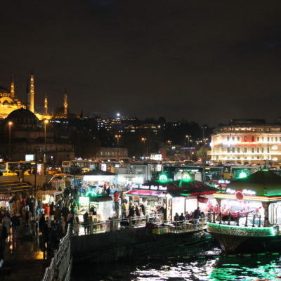 La fila de barcos y la mezquita de Süleymaniye de fondo
