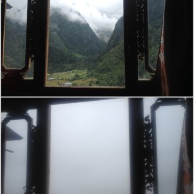 Vistas de la tarde y la mañana siguiente desde el hostal de Upper Yubeng